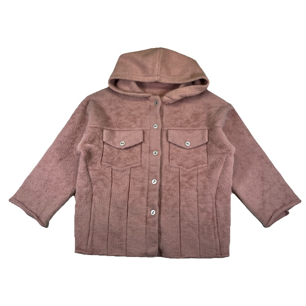 Stussy Women's Fuzzy Fleece Hooded Jacket Stretch 3/4 Sleeve